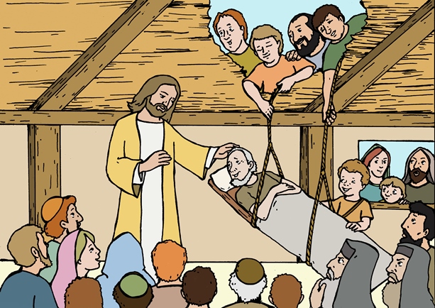 Jesus heals a paralytic lowered from the roof
